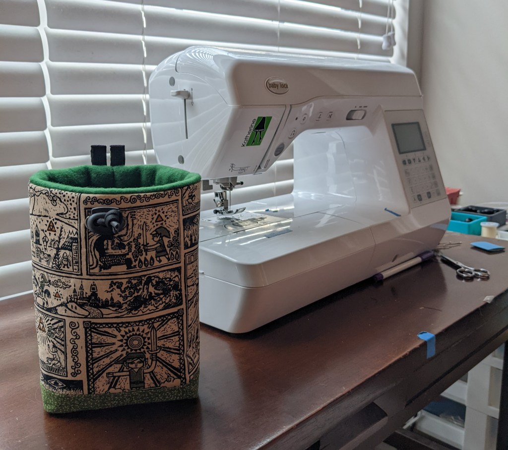 sewing machine with rock climbing chalk bag zelda