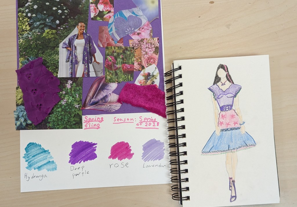 mood board and fashion sketch drawn by child